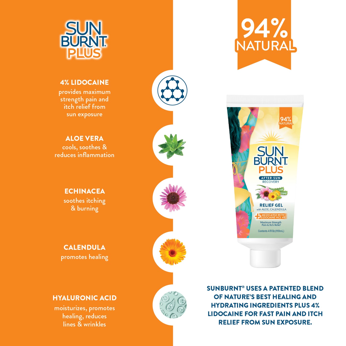 SunBurnt Sun Recovery Hydrating After Sun Gel Plus Pain Relief with 4% Lidocaine, 4 fl oz.